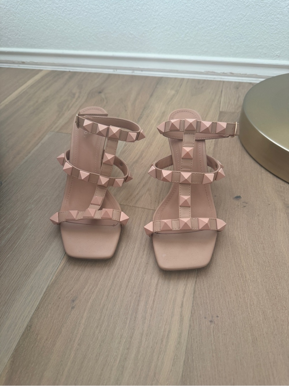 Studded Strappy Block-Heel Sandals in Nude